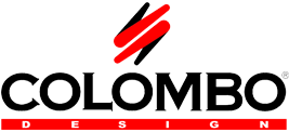 Il logo di Colombo Design: testo nero in grassetto con la scritta "COLOMBO" sopra una barra rossa con la scritta bianca "DESIGN", sormontata da icone rosse.