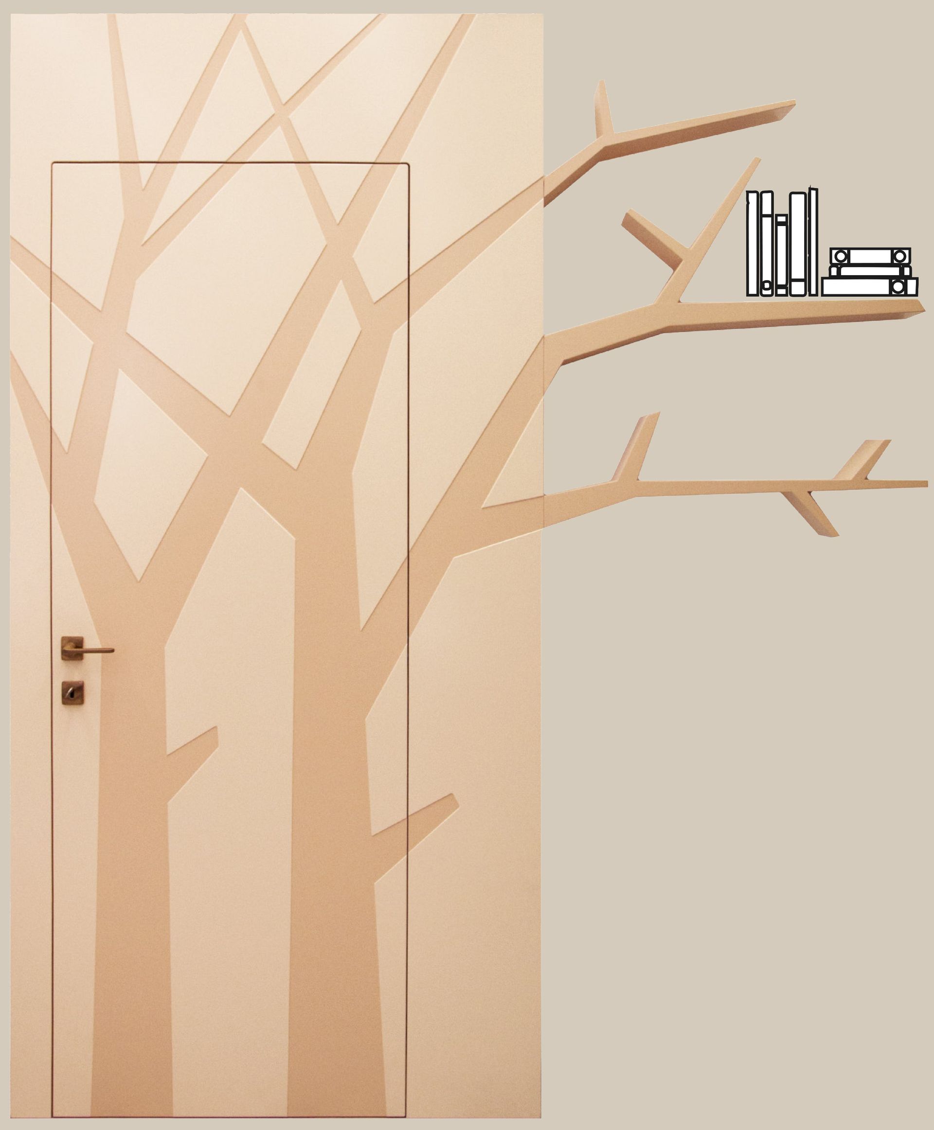 Una porta in legno minimalista con un murale integrato raffigurante un albero, i cui rami orizzontali si estendono a formare una libreria.