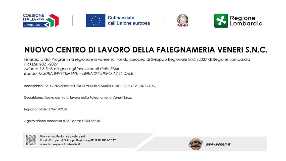 Banner informativo per Falegnameria Veneri SNC, finanziato dai fondi europei e regionali lombardi di sviluppo.