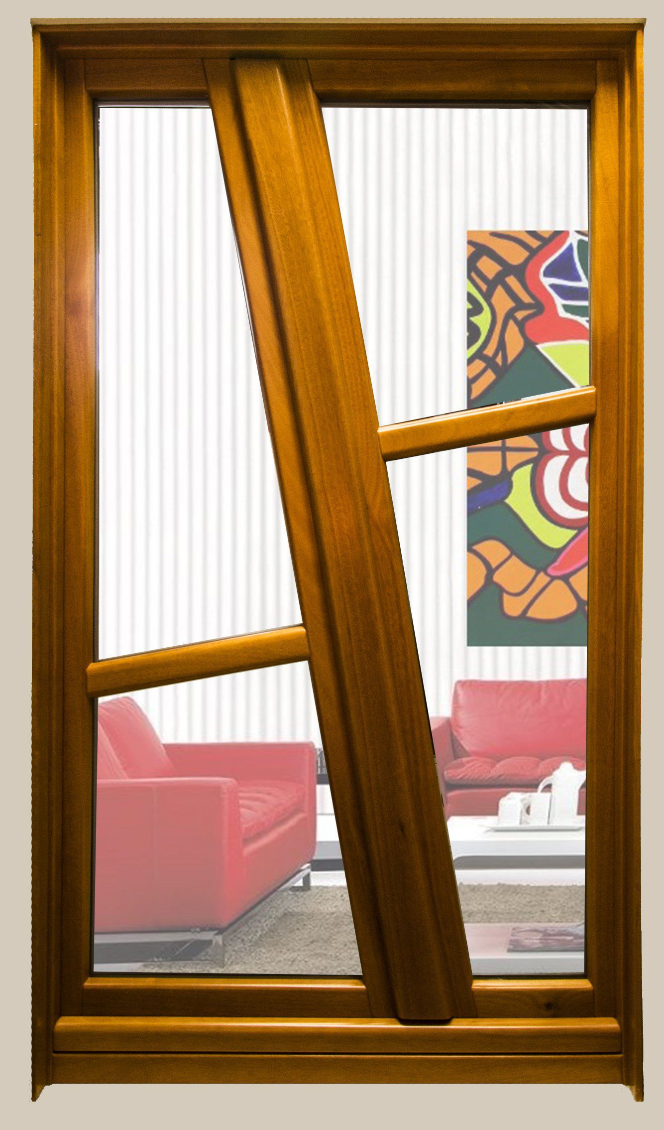 Un telaio di finestra in legno con un design interno moderno e asimmetrico