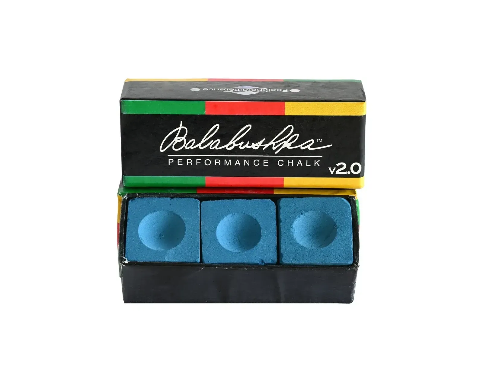 Box of blue performance chalk with black, green, yellow, and red packaging