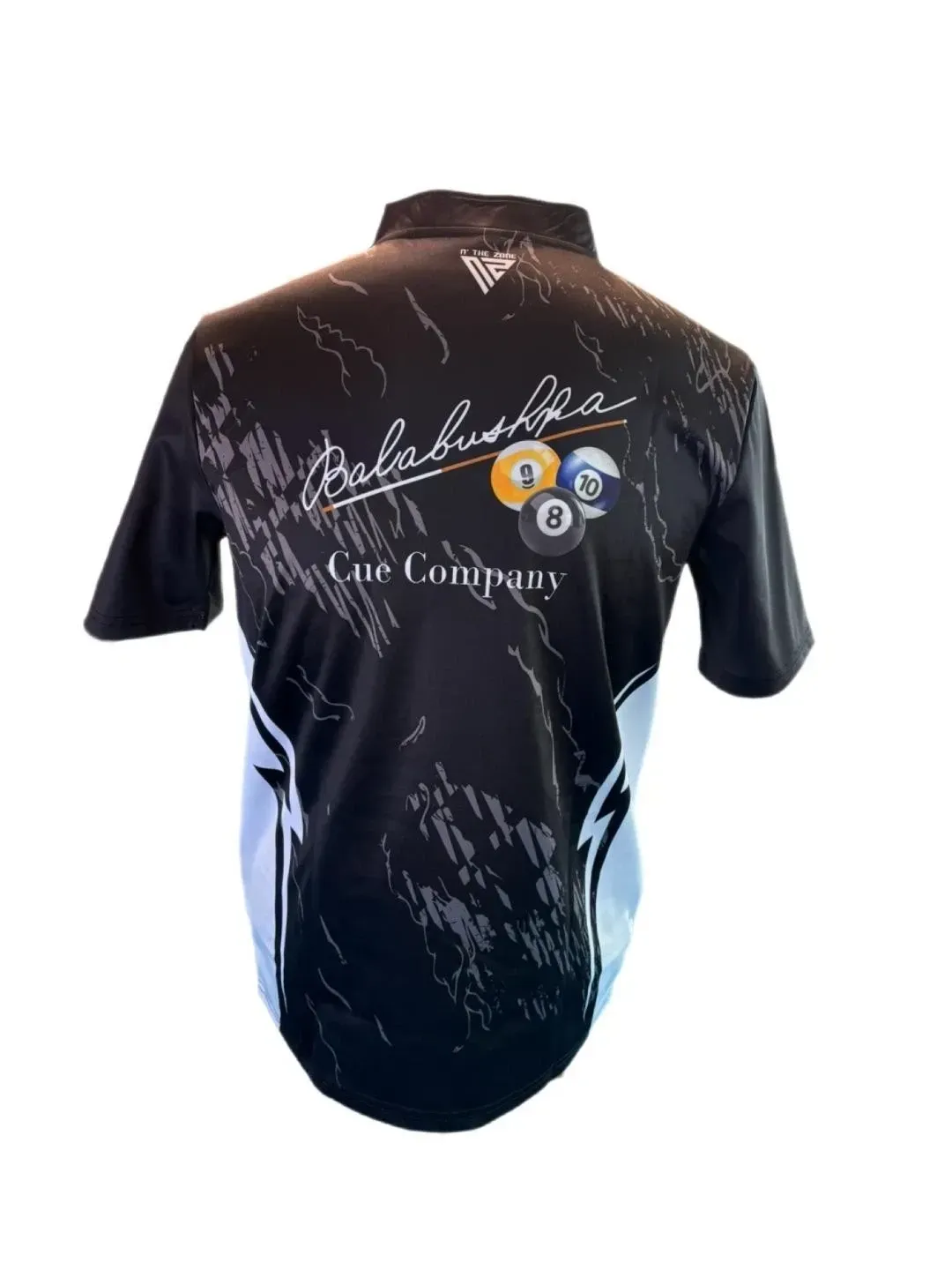 Black short-sleeve cycling jersey with white graphics and text on the back, shown against a white background