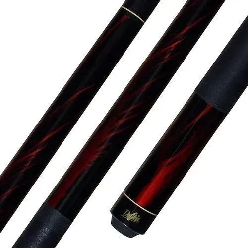 Three black-and-red pool cues with dark grips on a white background