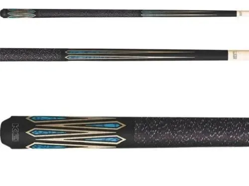 Three views of a black cue stick with turquoise and gold inlay details.