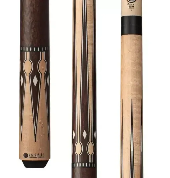 Three cue sticks with brown and beige inlay designs on a white background