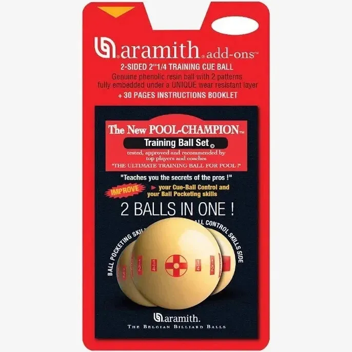 Aramith add-ons “2 Balls in One” training ball set package with red and black label, pool cue ball graphic