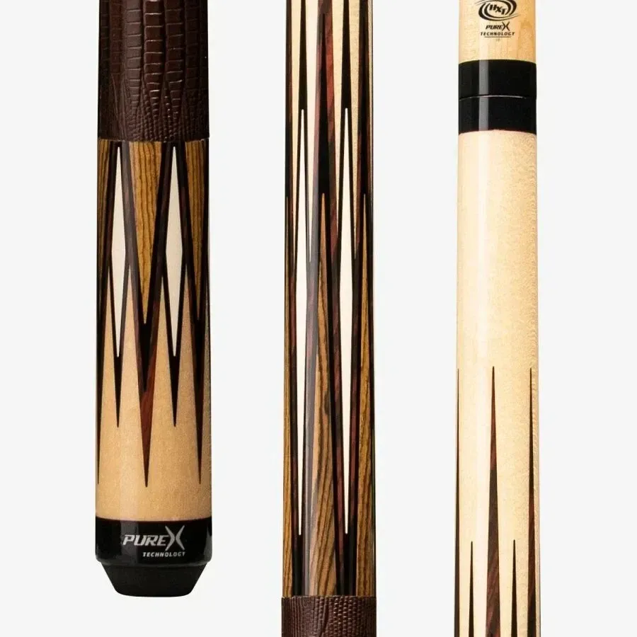 Three cue sticks with black, tan, and striped wood designs on a white background