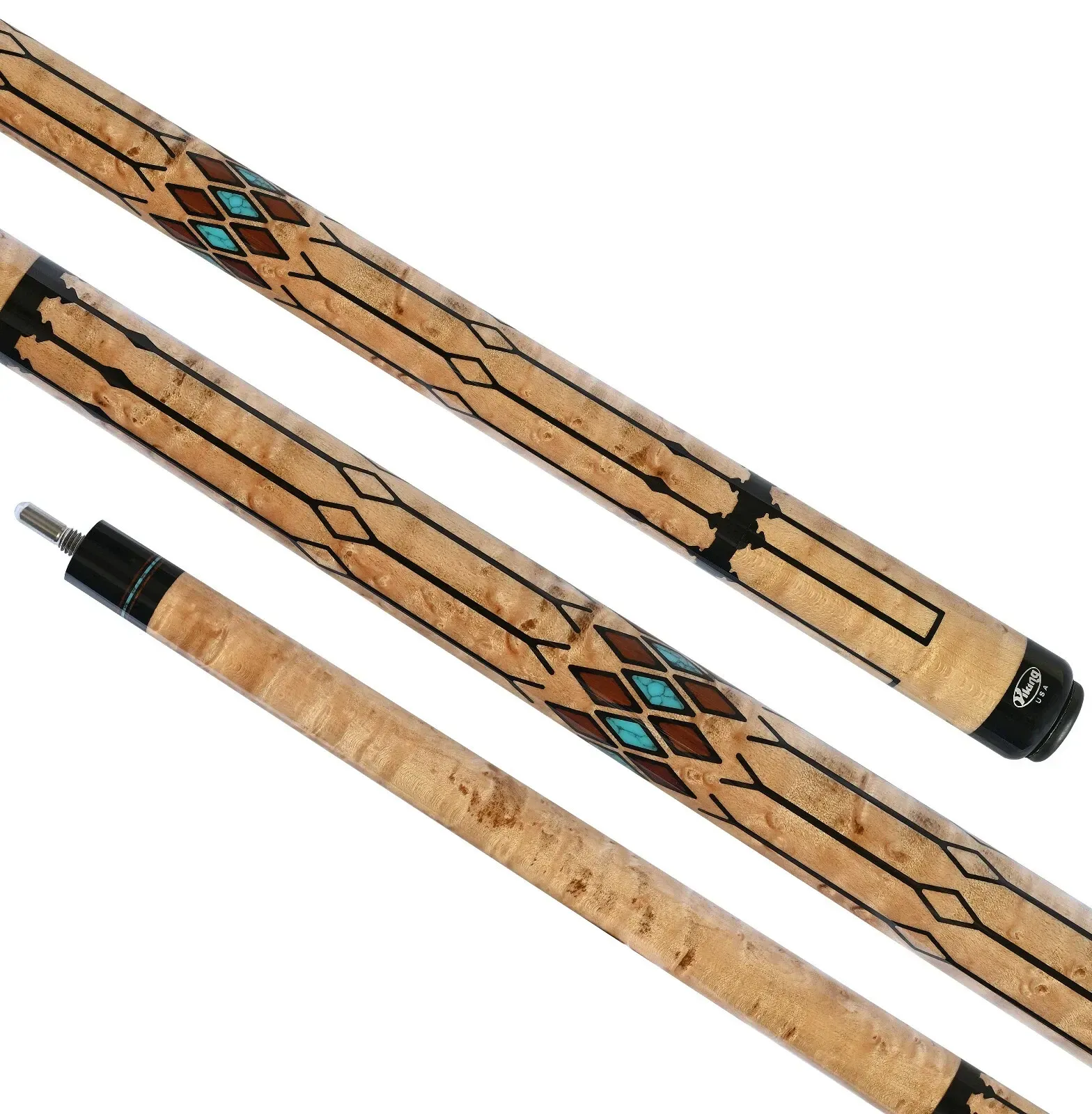 Three decorative wooden pencils with tan and black geometric patterns on a white background