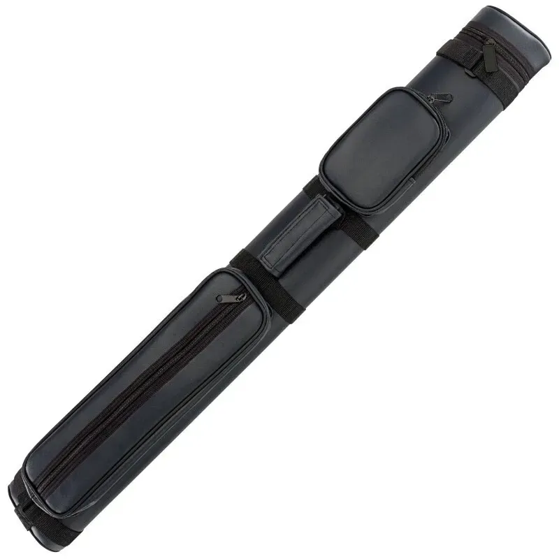 Black cylindrical cue case with shoulder strap and zippered pockets on a white background