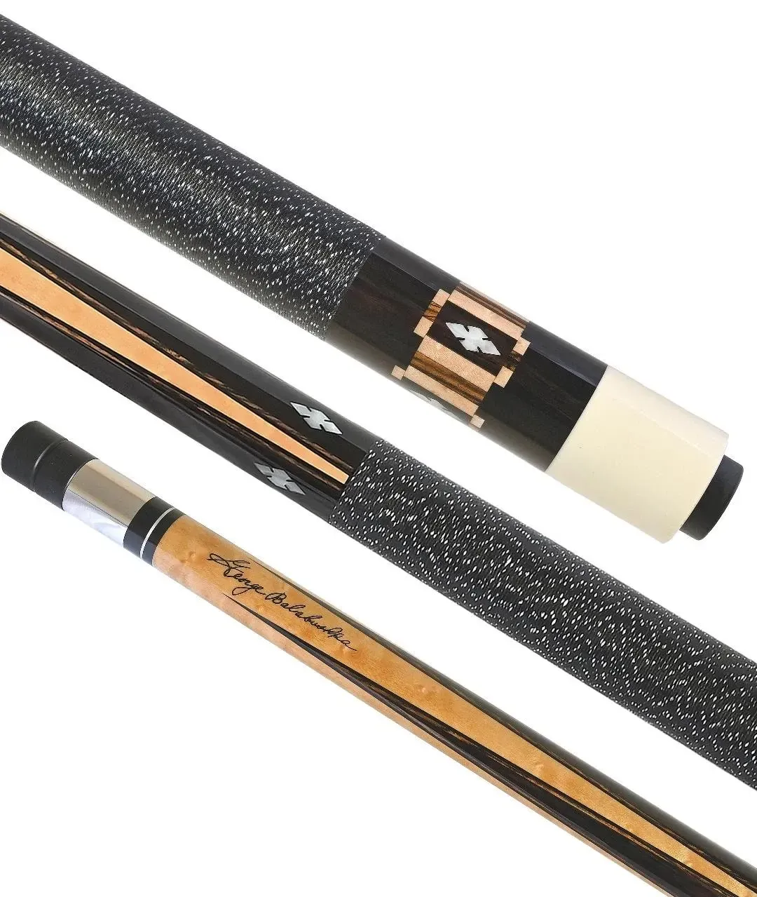 Two black-and-gold cue sticks with speckled grips and white tips on a white background
