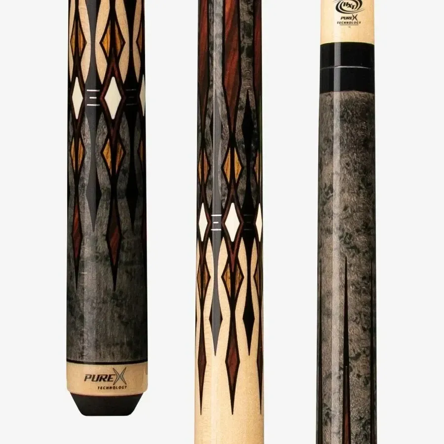 Three decorative pool cues with black, tan, and gray geometric designs