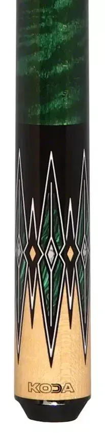 Black and tan pool cue with diamond inlays and white zigzag accents