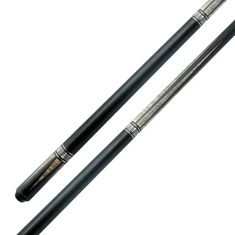 Two black and silver pool cues crossing on a white background