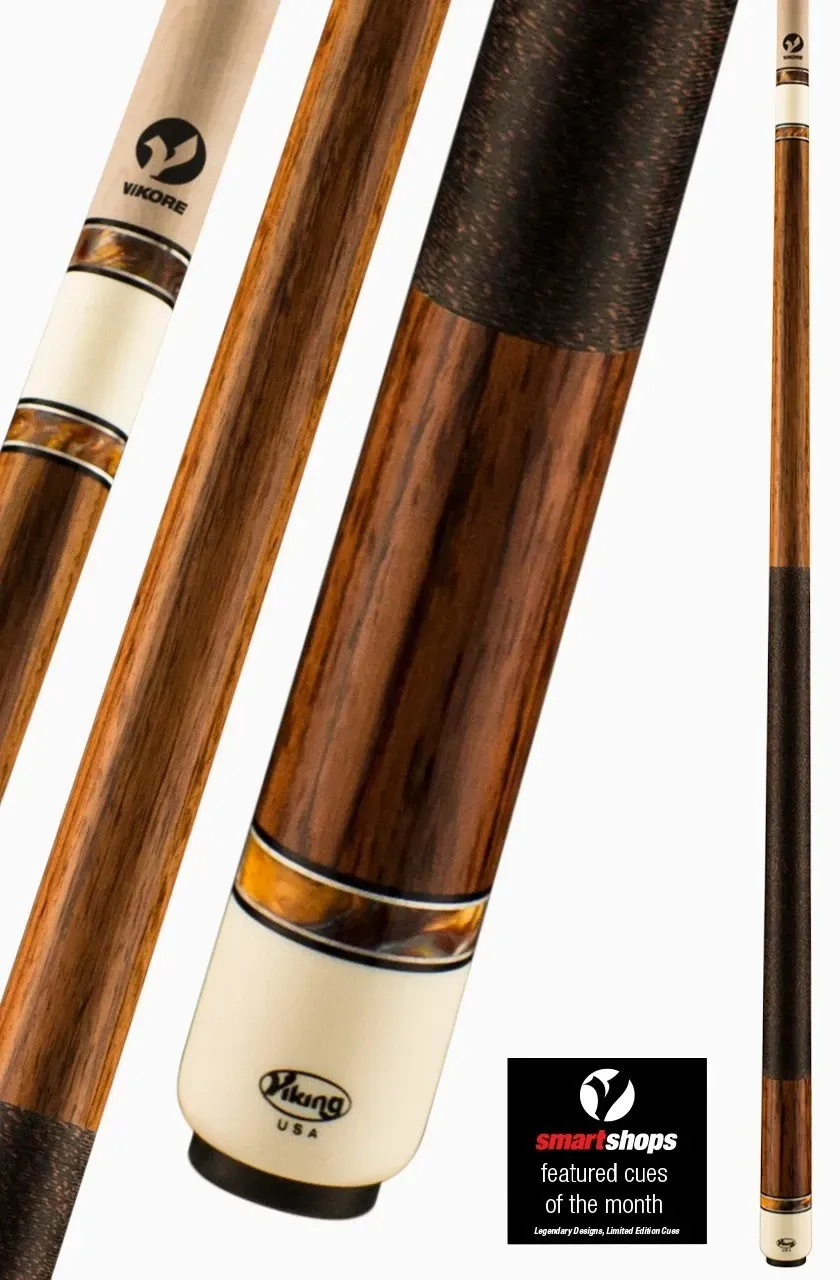 Three wooden pool cue shafts with cream and black accents, shown on a white background.