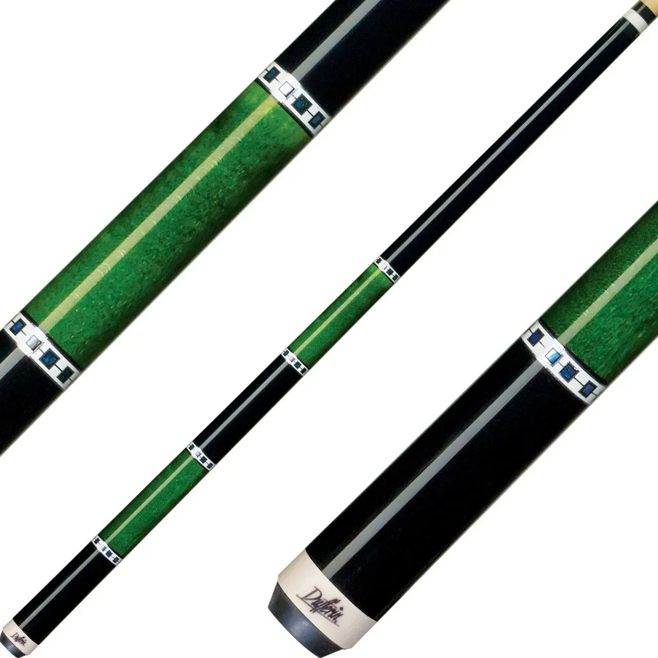 Three green-and-black pool cues with silver rings on a white background