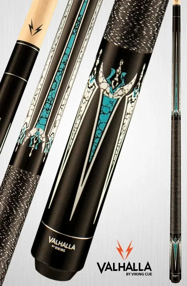 Valhalla branded black pool cues with turquoise-and-white decorative inlays on a white background