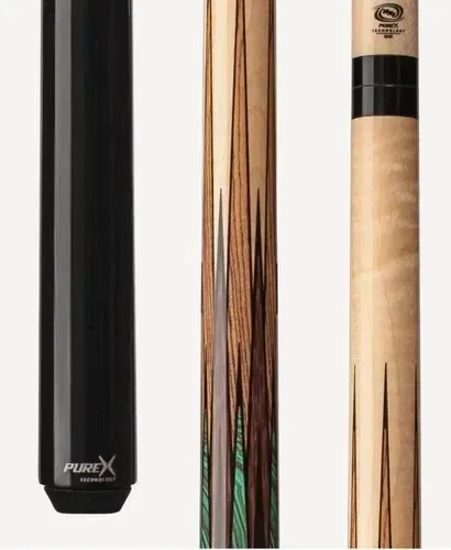 Three pool cue shafts, including black, striped wood, and light wood finishes.