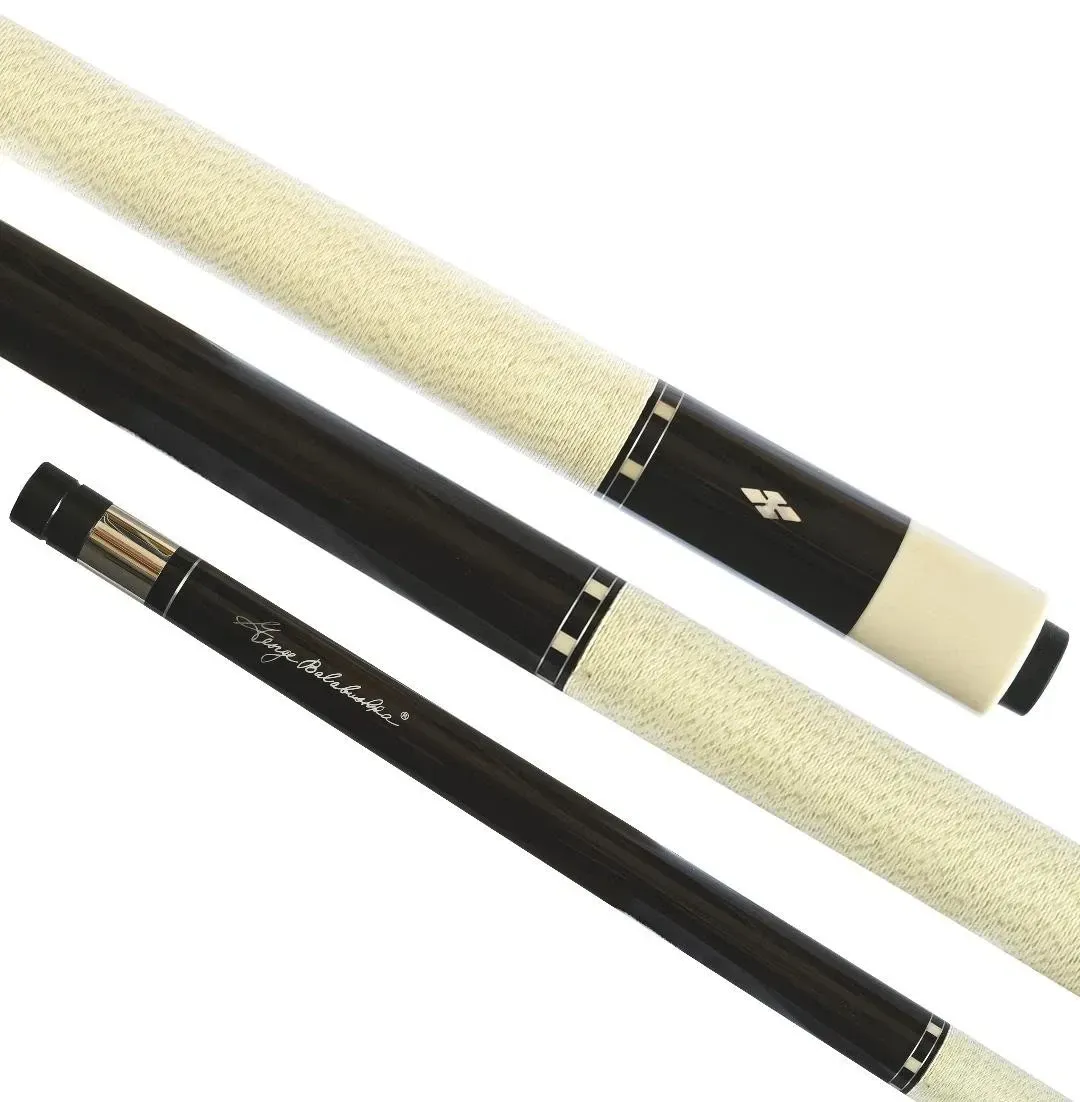 Two black-and-cream cue sticks crossed on a white background