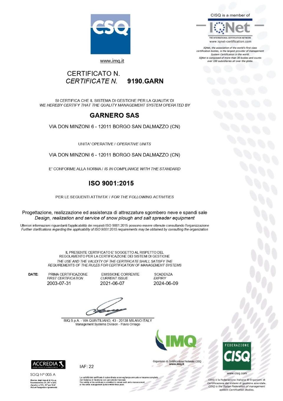 Certification for snow ploughs