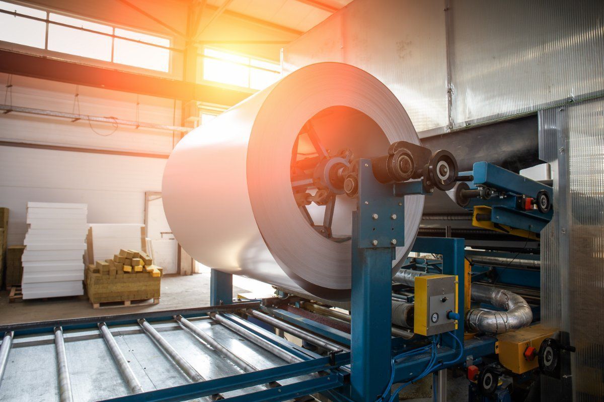 Large roll of metal sheet on a blue industrial machine inside a factory. Bright sunlight in the background.