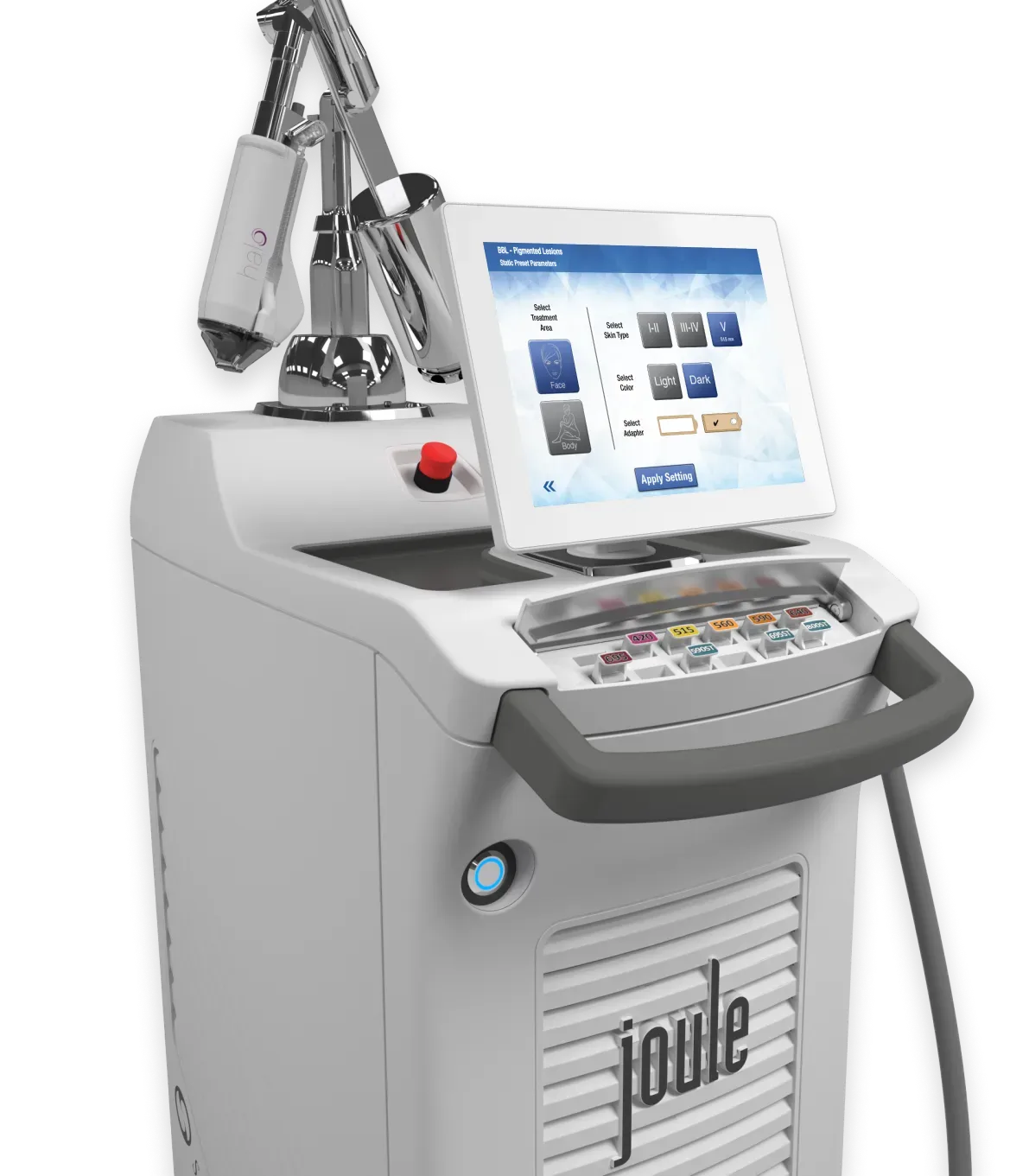 A white machine with a tablet on top of it.