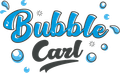Logo di Bubble Carl in lettere blu e grigie in stile bolla con gocce d'acqua