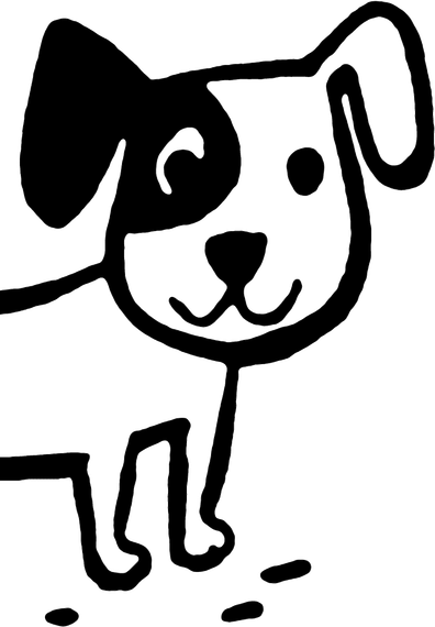 Disegno in bianco e nero di un cane dei cartoni animati sorridente con un orecchio floscio e la coda arricciata.
