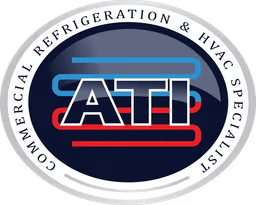 ATI commercial refrigeration and HVAC specialist logo in navy, red, and silver