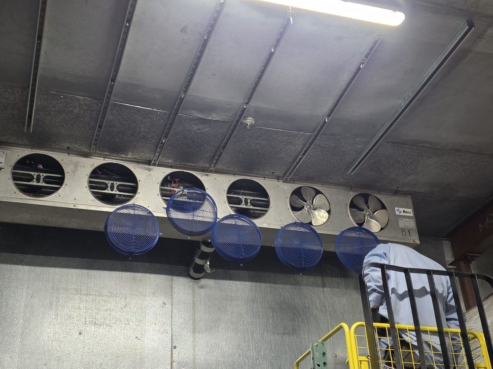 Industrial ceiling-mounted fan unit with blue circular guards above a yellow ladder in a metal room