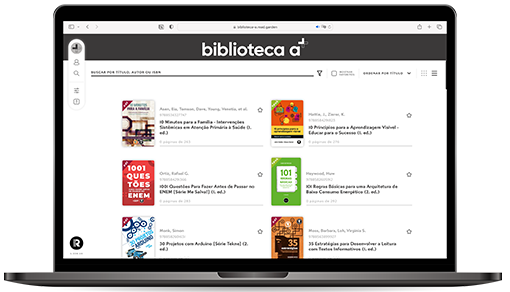 Um laptop está aberto em um site chamado biblioteca a.