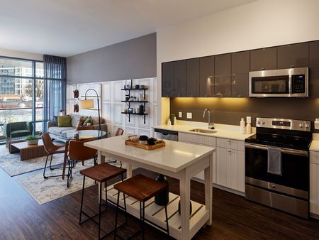 A kitchen with stainless steel appliances and a large island in the middle at Solaire 8250 Georgia in Silver Spring, MD.