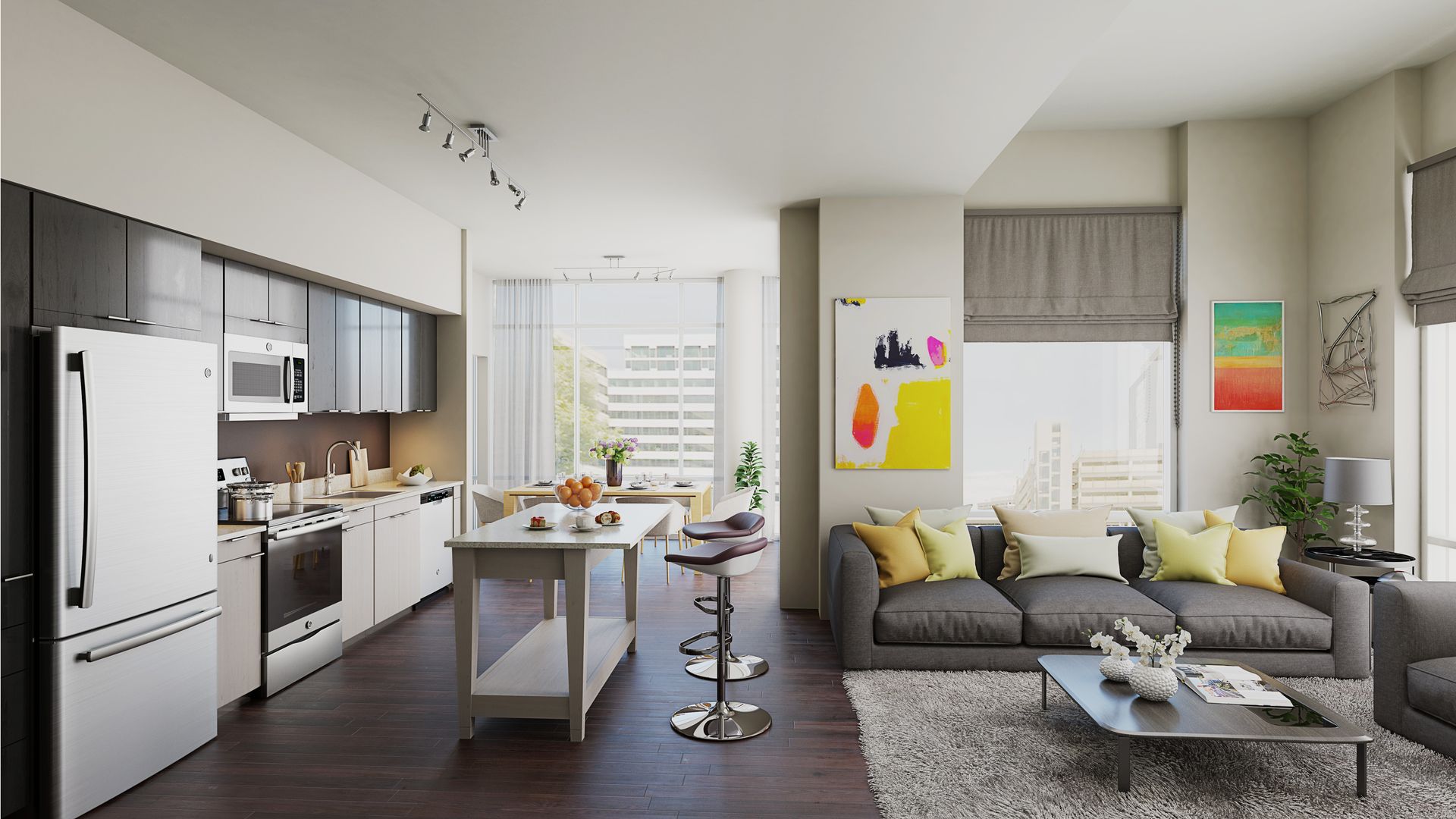 An apartment living room and kitchen at Solaire 8250 Georgia in Silver Spring, MD.