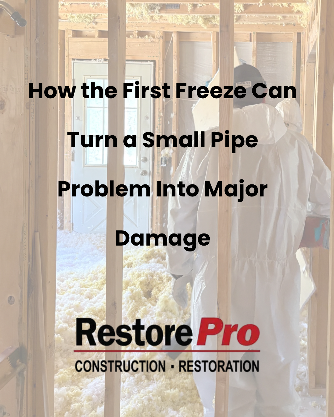 RestorePro ad with flooded basement and text: “How the First Freeze Can Turn a Small Pipe Problem Into Major Damage”