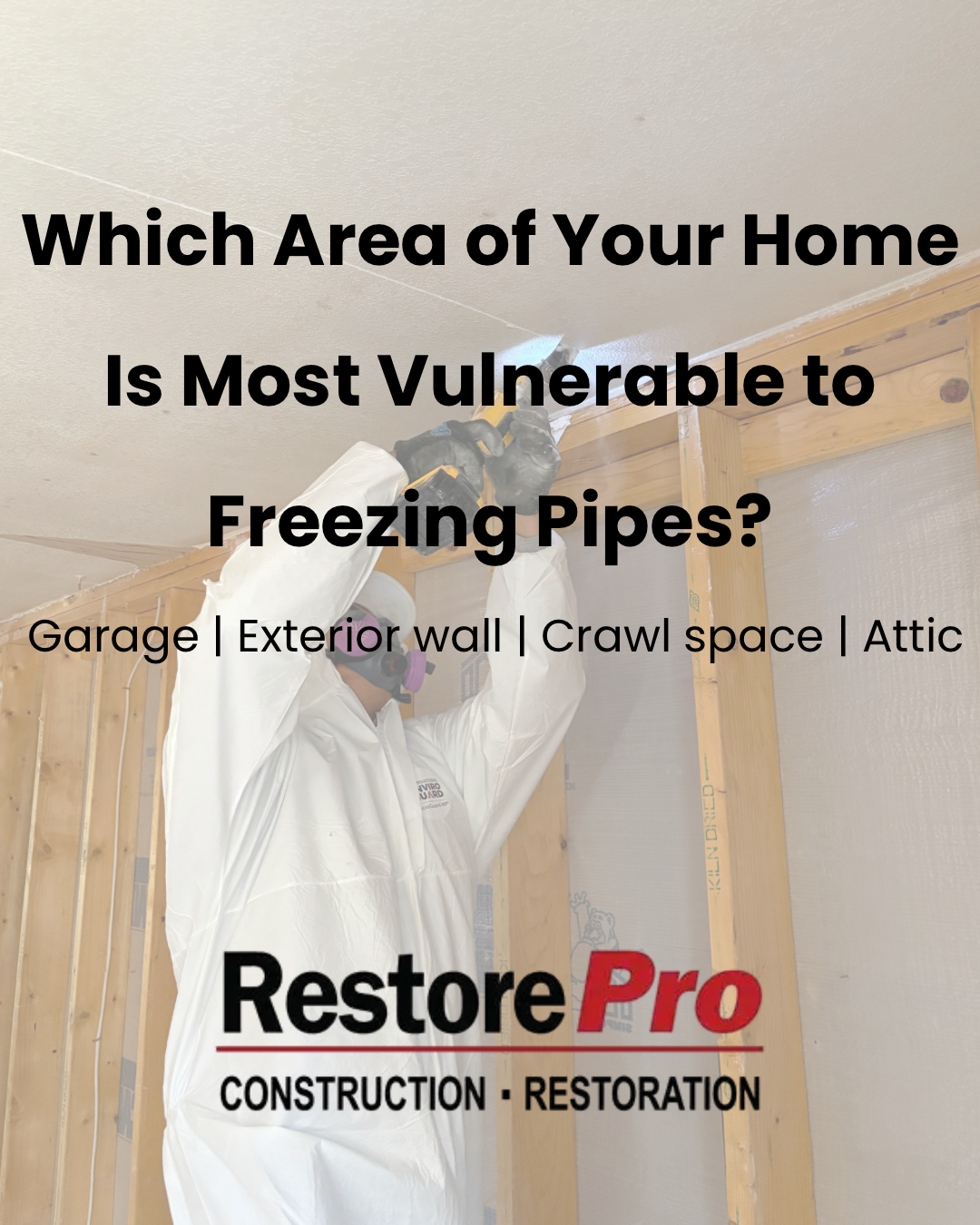 Woman in white jacket raising arms under text about freezing pipes, with RestorePro construction-restoration logo.
