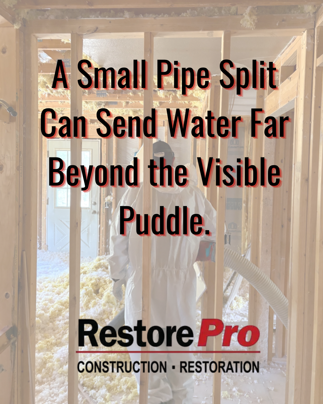 RestorePro ad with a water-damaged wall and text: “A Small Pipe Split Can Send Water Far Beyond the Visible Puddle.”
