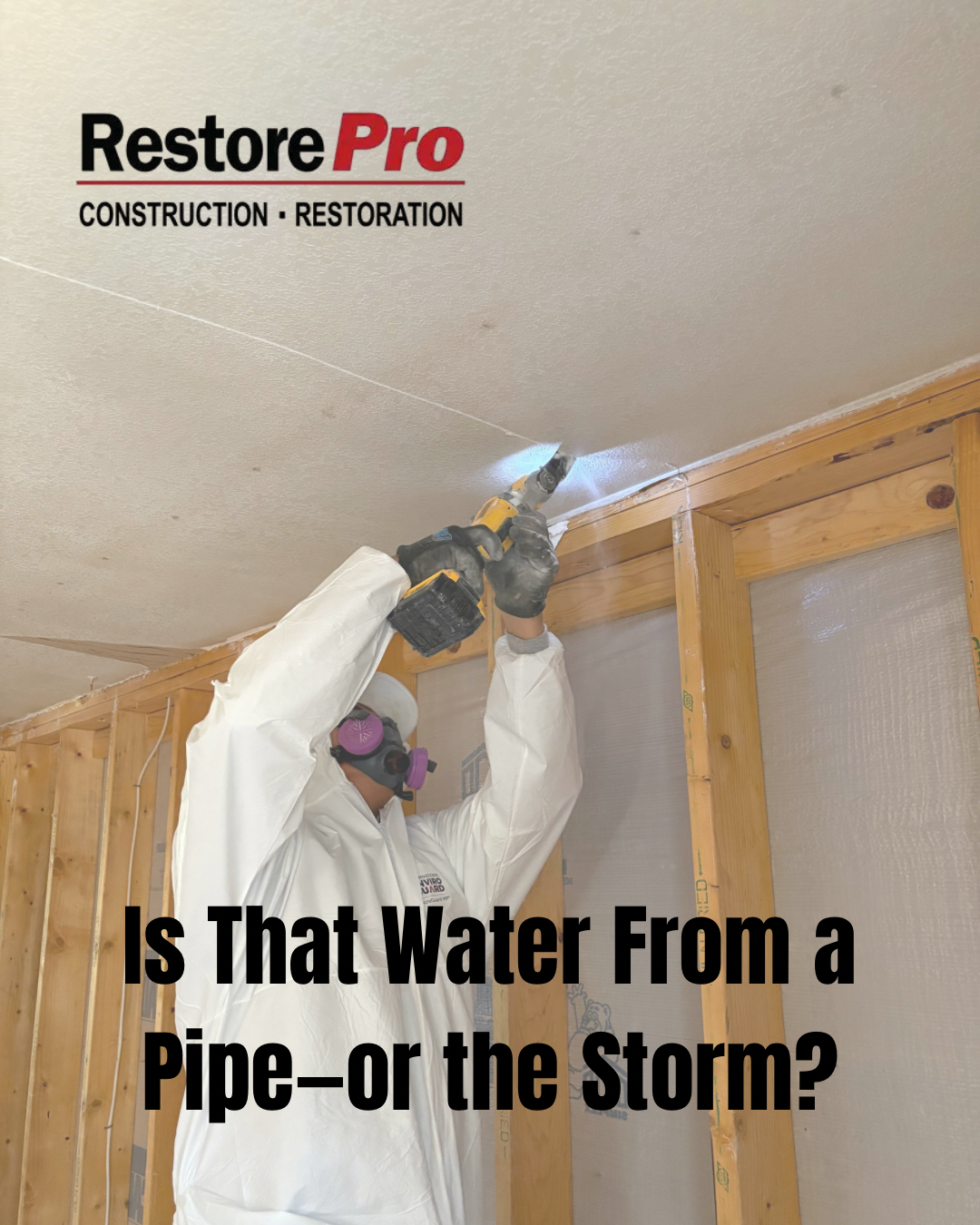 Worker inspects a ceiling leak with a drill; RestorePro logo and text read, “Is That Water From a Pipe—or the Storm?”