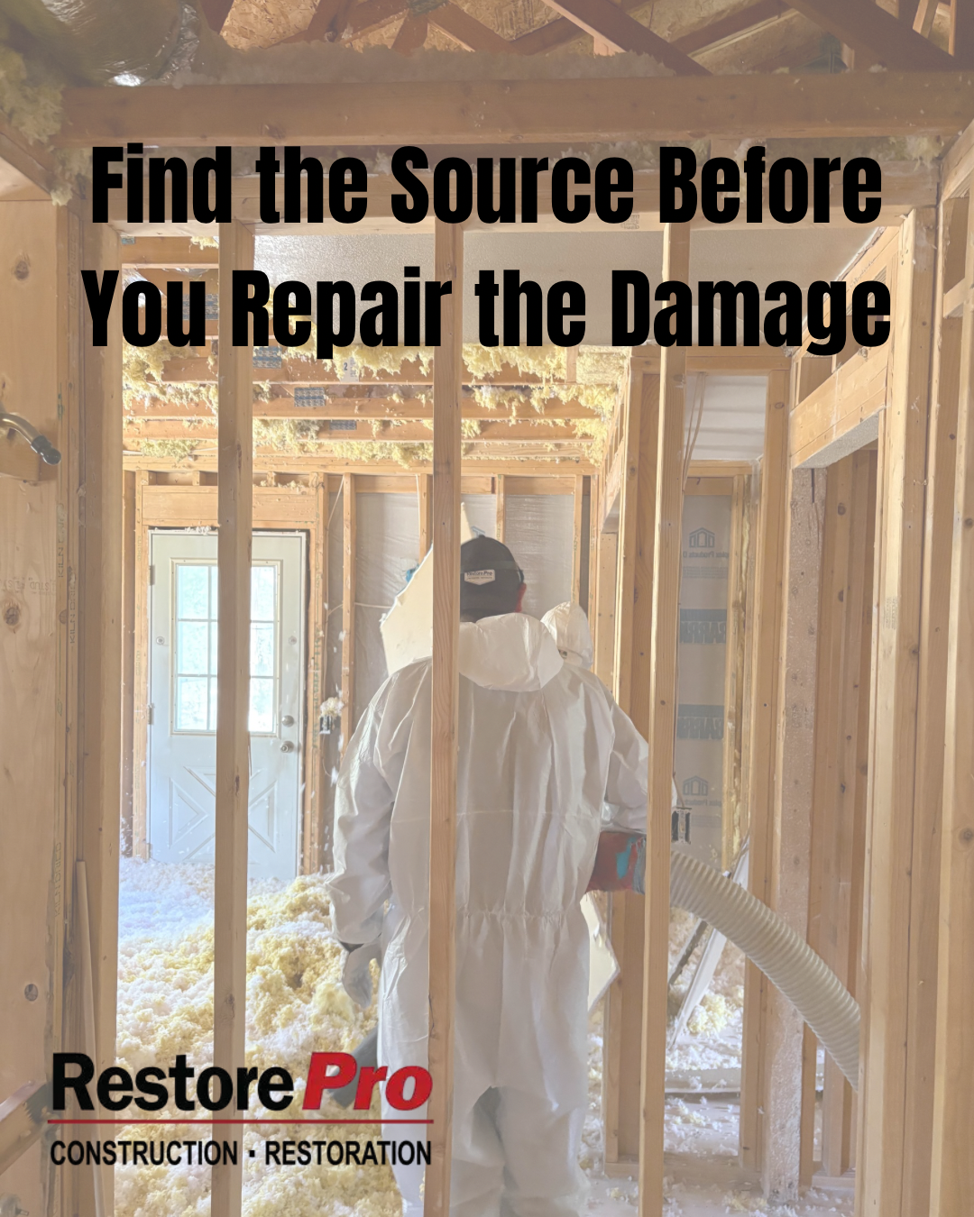 Worker in white protective suit inspecting a water-damaged framed house with text: “Find the Source Before You Repair the Damage.”