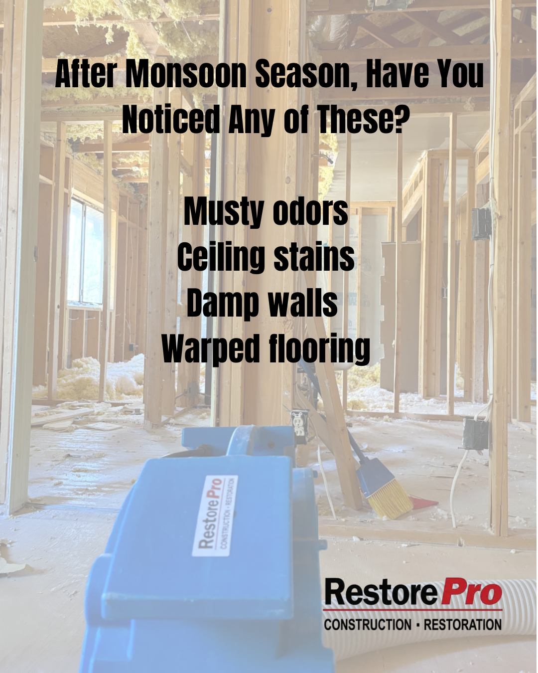 Flooded room with dehumidifier; text lists musty odors, ceiling stains, damp walls, and warped flooring.