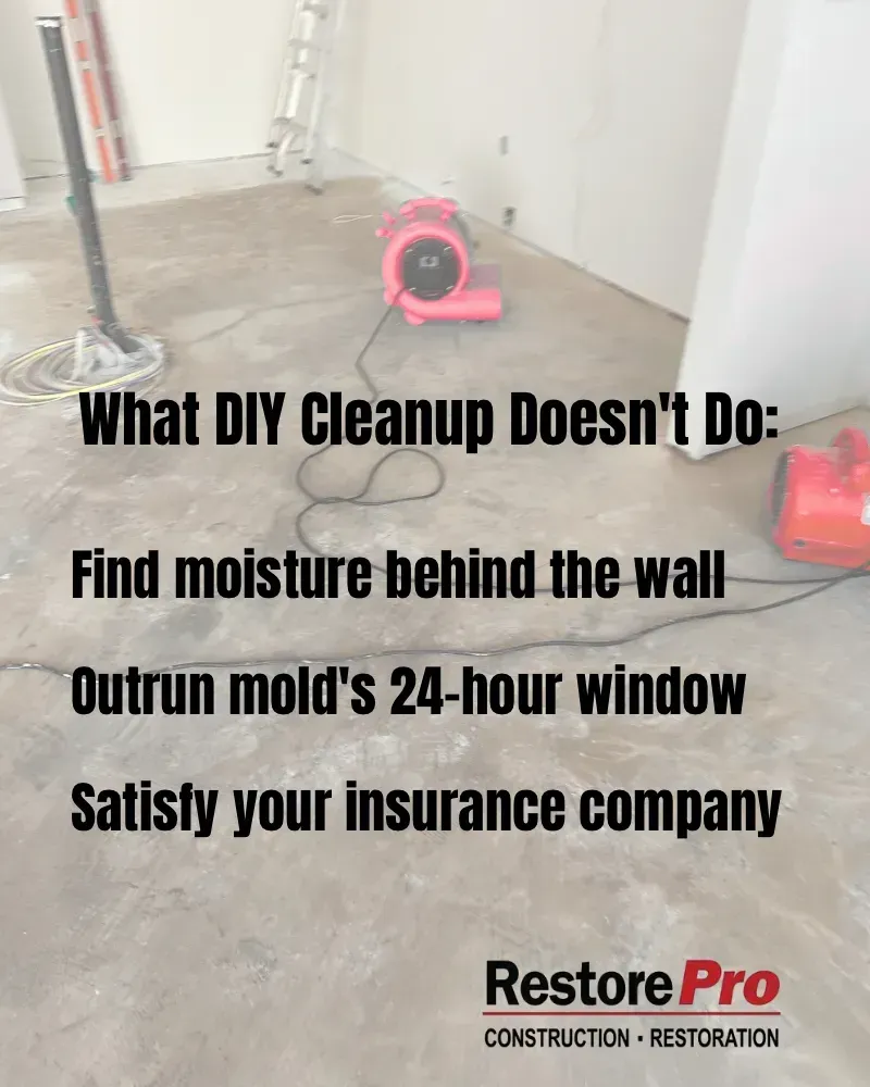Smoke damage cleanup ad with hazmat worker, red warning panel, and RestorePro logo in a smoky room Smoke-damaged room with text about DIY cleanup not finding hidden moisture or mold and restoring insurance claims