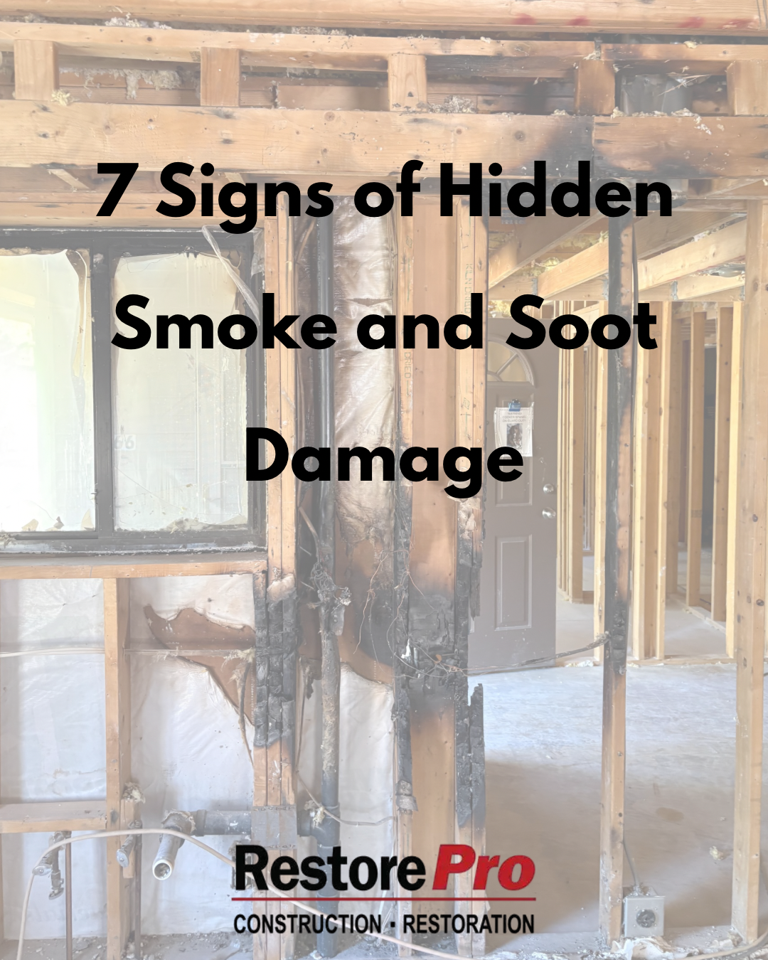 Infographic over smoke-damaged interior: “7 Signs of Hidden Smoke and Soot Damage” with RestorePro logo