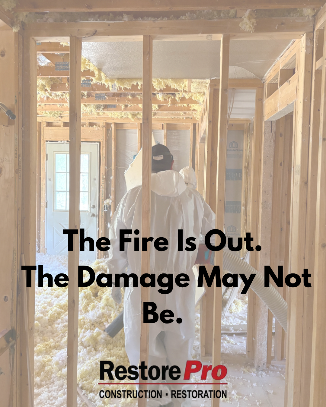 Fire-damaged interior with exposed framing and a worker inspecting damage; text reads, “The Fire Is Out. The Damage May Not Be.”