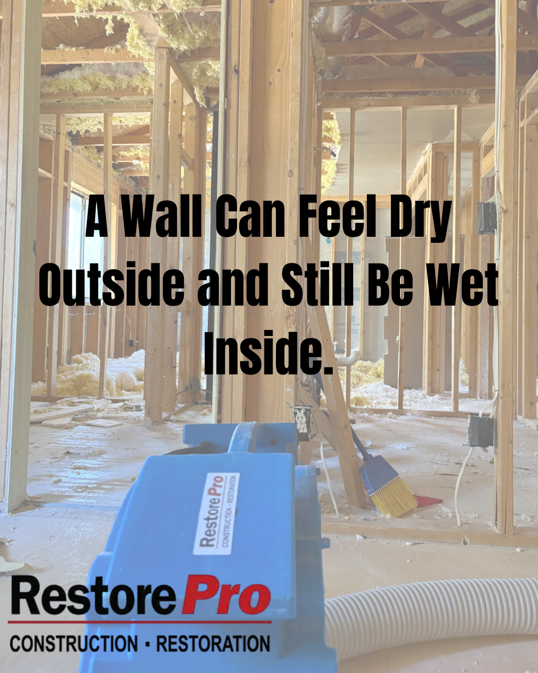 Water damage restoration ad with text over a flooded, unfinished home interior and a blue dehumidifier.