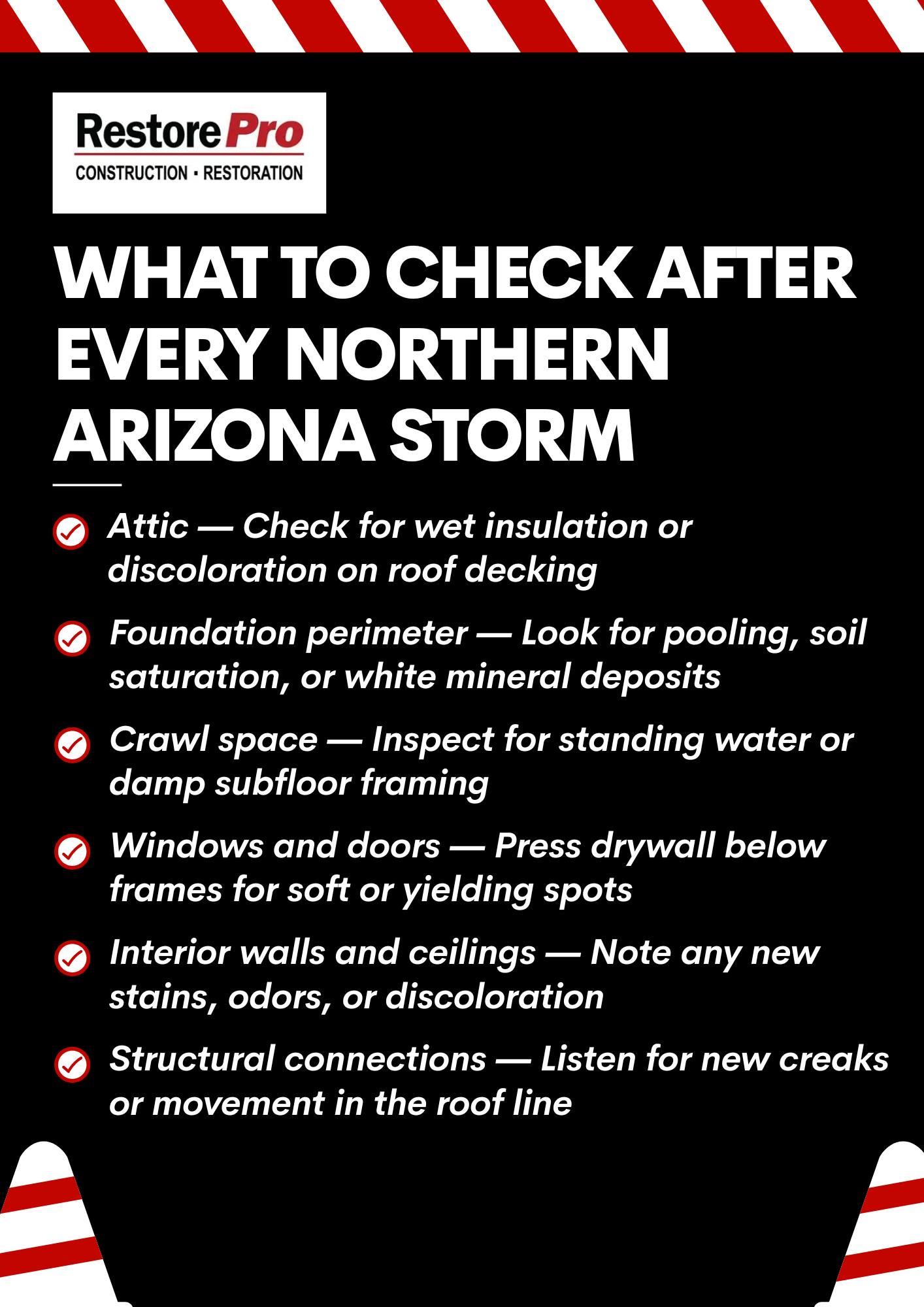 Checklist graphic for northern Arizona storm damage: attic, foundation, crawl space, windows, interior walls, structure.