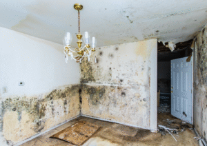 Mold-damaged dining room with stained walls, peeling paint, chandelier, and debris on the floor