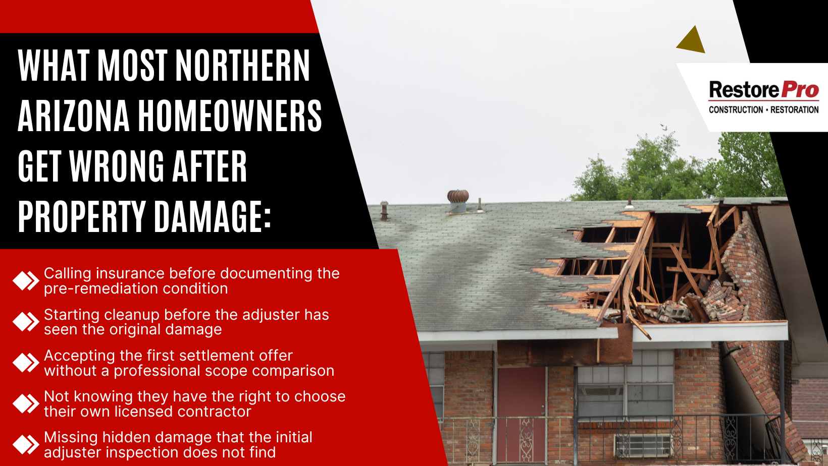Arizona homeowners roof damage ad with house roof and RestorePro logo
