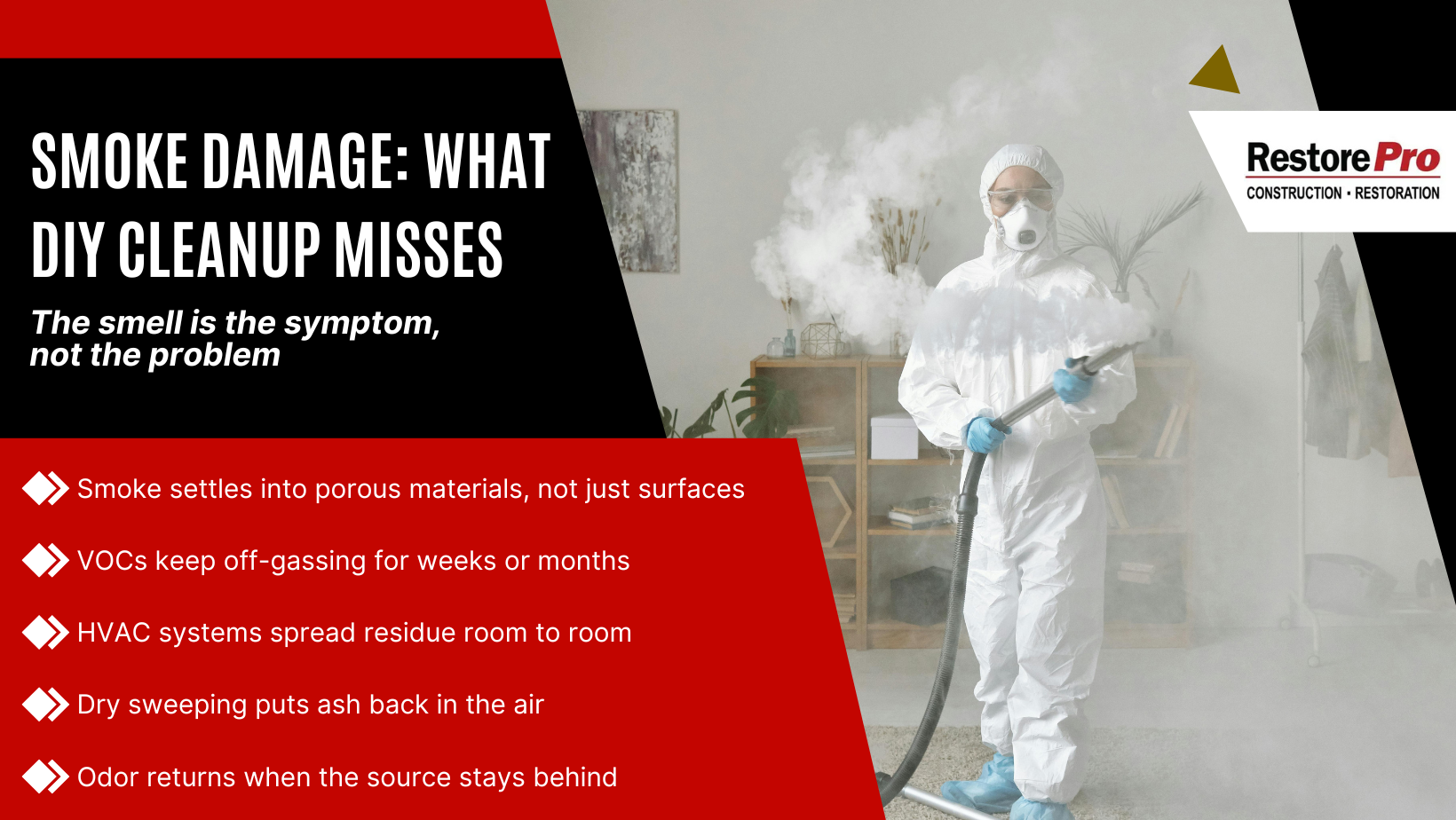Smoke damage cleanup ad with hazmat worker, red warning panel, and RestorePro logo in a smoky room Smoke damage cleanup ad with hazmat worker, red warning panel, and RestorePro logo in a smoky room
