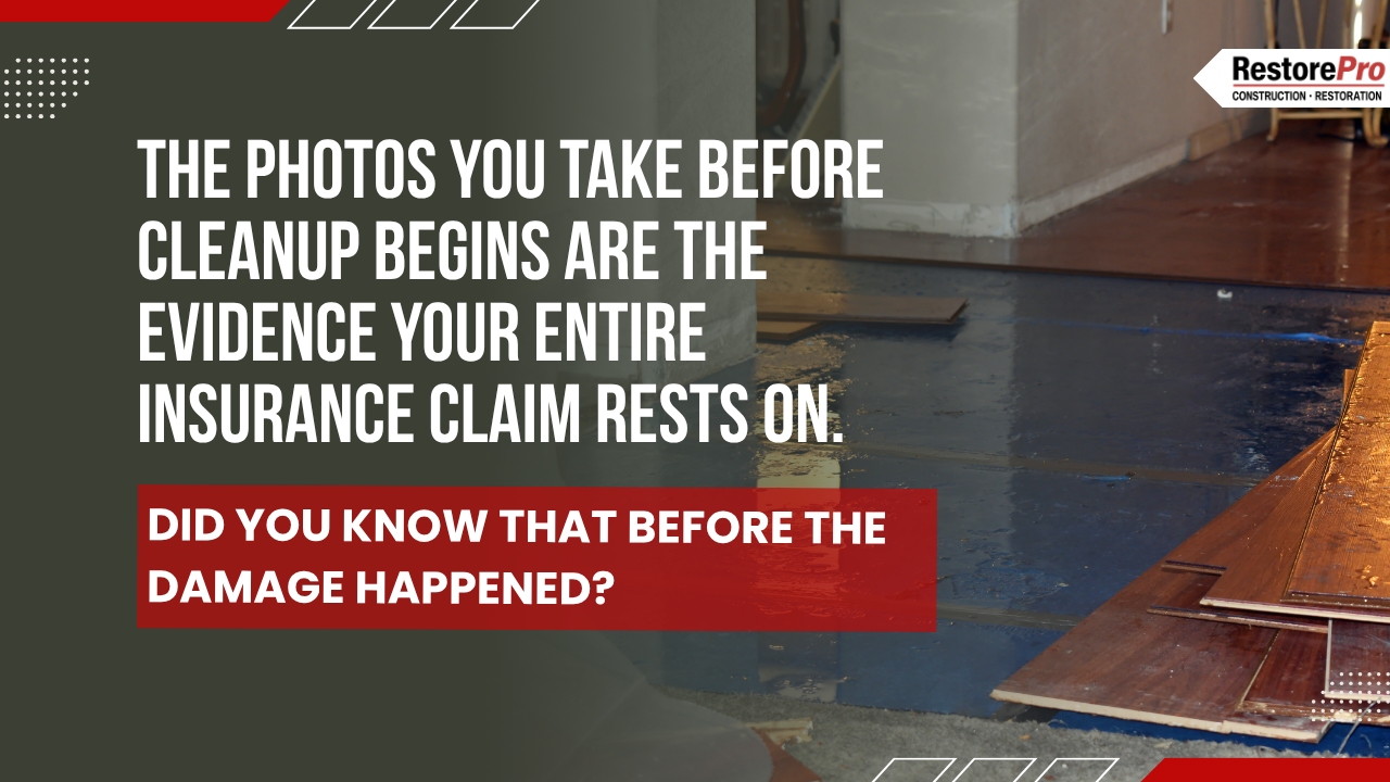 Flood-damaged room with soaked floor and wall; text about photos before cleanup proving an insurance claim.