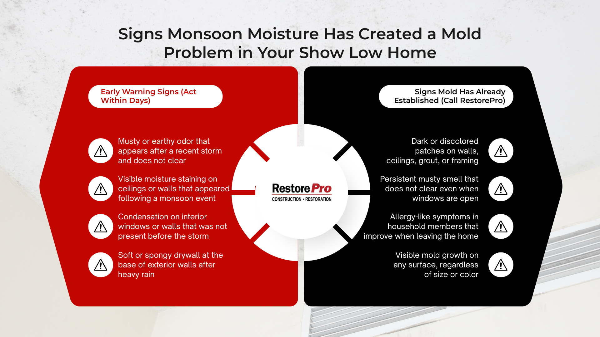 Infographic on signs monsoon moisture has created mold in a show low home, with red and black panels. Infographic on signs monsoon moisture has created mold in a show low home, with red and black panels.