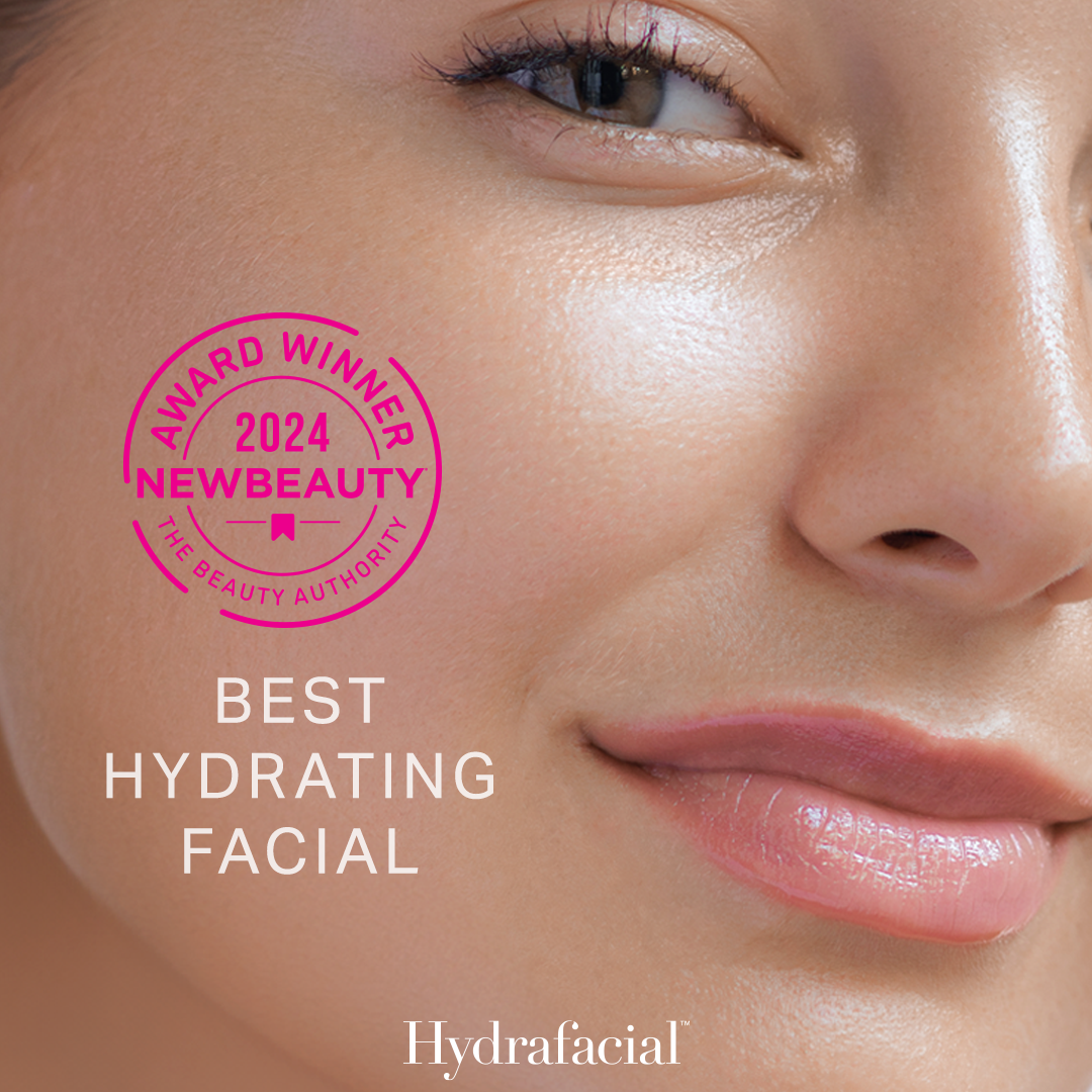 Woman’s face with “Best Hydrating Facial” and NewBeauty award badge text on a pink skincare ad