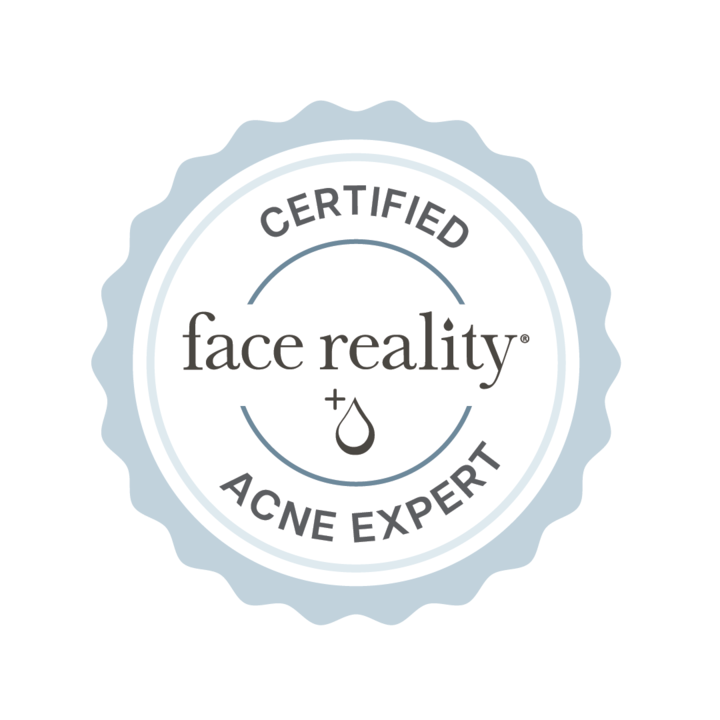 Certified Face Reality Acne Expert badge in light blue and gray with circular seal design.